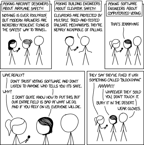 xkcd comic: software engineers find computerized voting terrifying